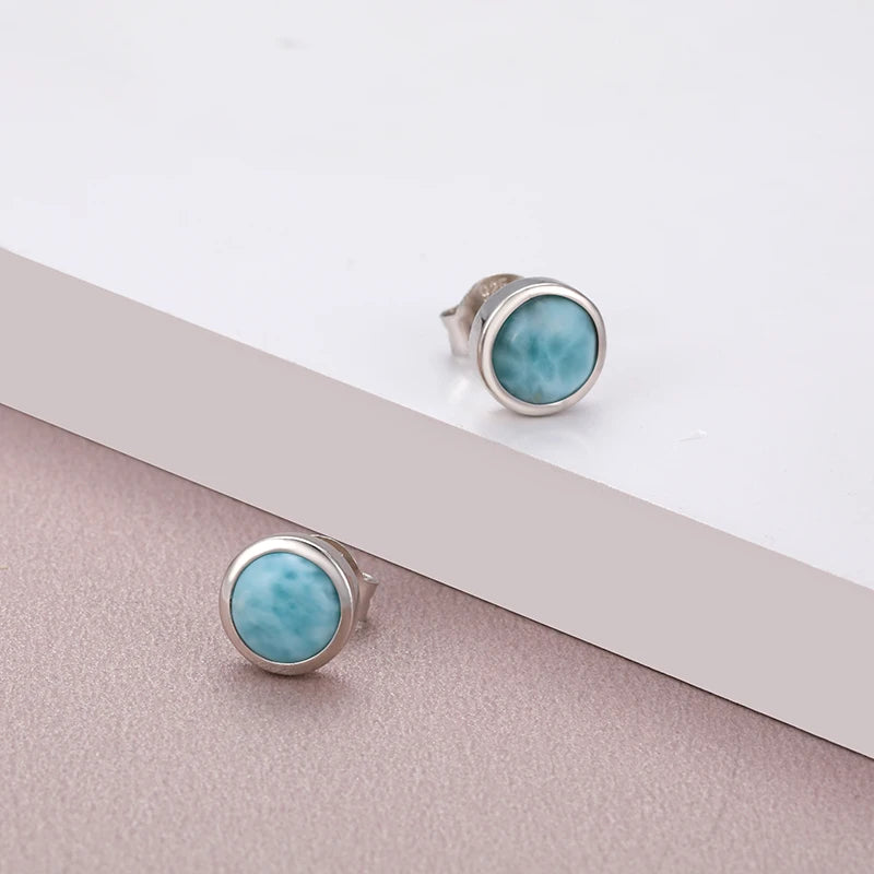 Larimar Round Bezel Stud Earrings, 925 Sterling Silver