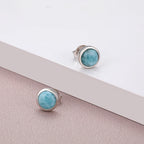 Larimar Round Bezel Stud Earrings, 925 Sterling Silver
