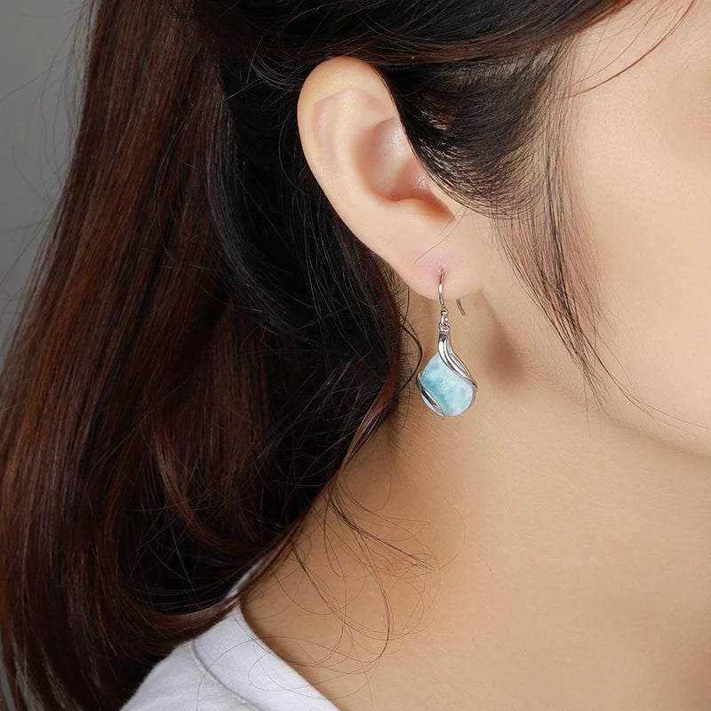 Larimar Water Drop Earrings in 925 Sterling Silver