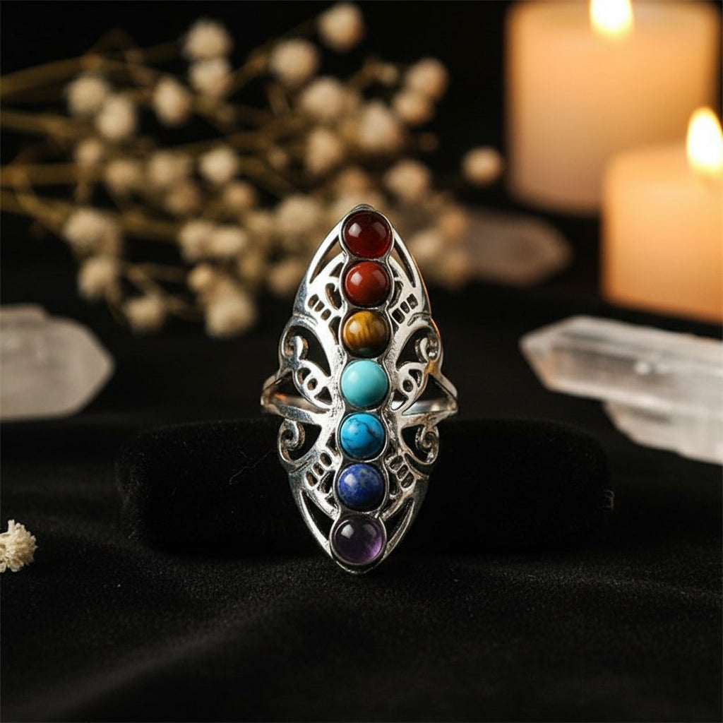 7 Chakras Adjustable Ring – Boho Yoga Crystal Jewelry