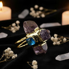14K Gold-Plated Natural Gemstone Open Ring — Quartz, Citrine & Amethyst Crystal