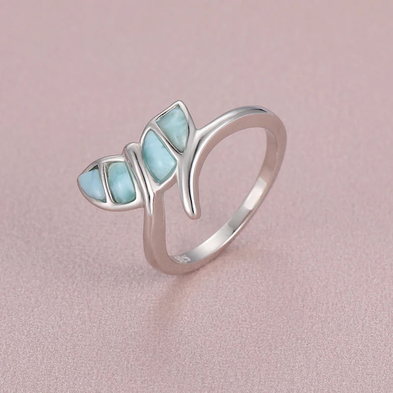 Larimar Leaf Cluster Open Ring in 925 Sterling Silver
