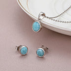 Larimar Round Bezel Stud Earrings, 925 Sterling Silver