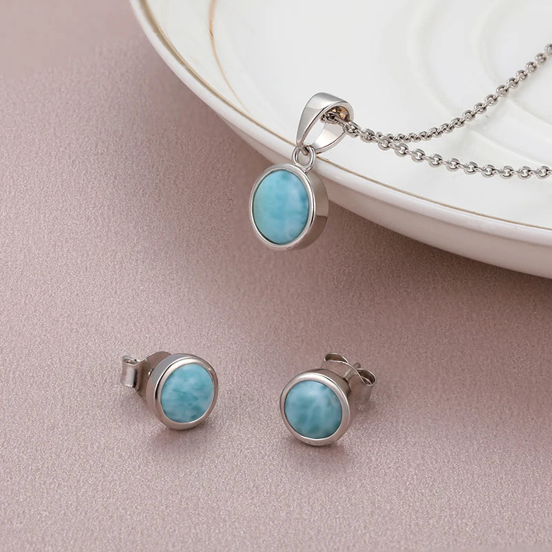 Larimar Round Bezel Stud Earrings, 925 Sterling Silver