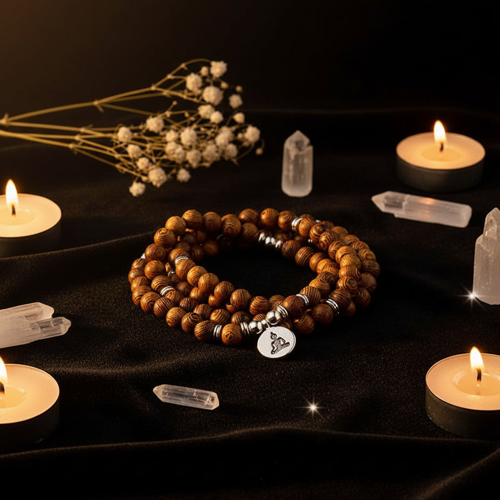 Wood Bead Buddha Om Lotus Charm Bracelet | Tibetan Mala Yoga Bracelet
