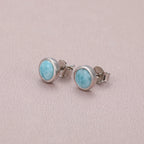 Larimar Round Bezel Stud Earrings, 925 Sterling Silver