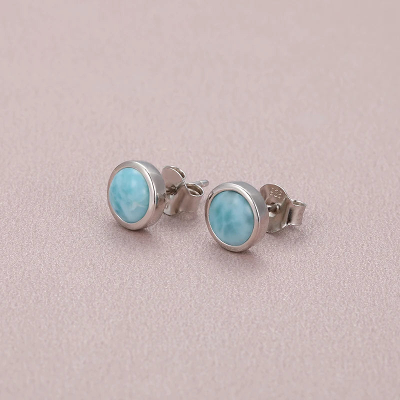 Larimar Round Bezel Stud Earrings, 925 Sterling Silver