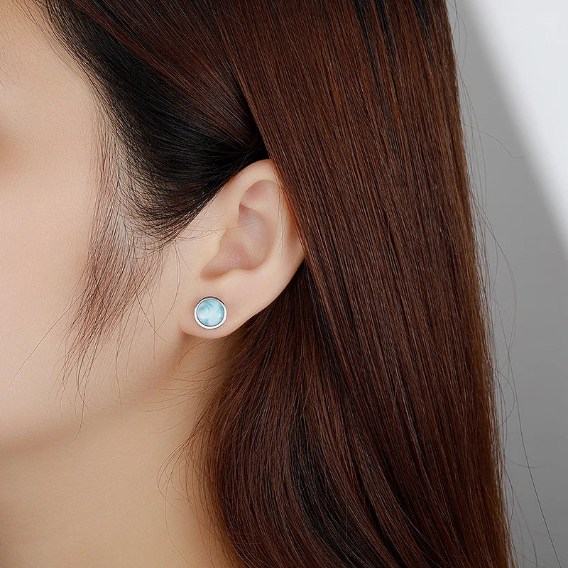 Larimar Round Stud Earrings in 925 Sterling Silver