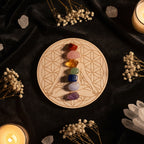 7 Chakra Healing Crystal Set – Tumbled Stones & Flower of Life Wood Base
