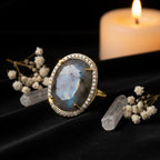 Natural Gemstone Oval Cocktail Ring — Gold Plated, Adjustable | Crystal Healing Jewelry