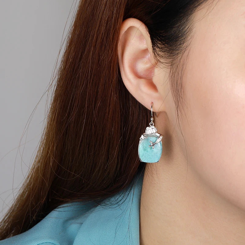 Larimar Barrel Drop Earrings, Lizard Charm