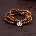 Wood Bead Buddha Om Lotus Charm Bracelet | Tibetan Mala Yoga Bracelet