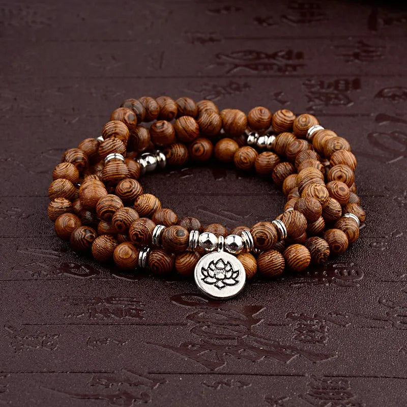 Wood Bead Buddha Om Lotus Charm Bracelet | Tibetan Mala Yoga Bracelet