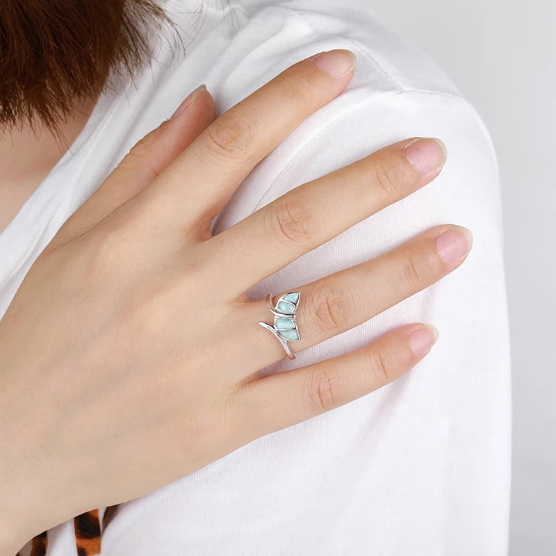 Larimar Leaf Cluster Open Ring in 925 Sterling Silver