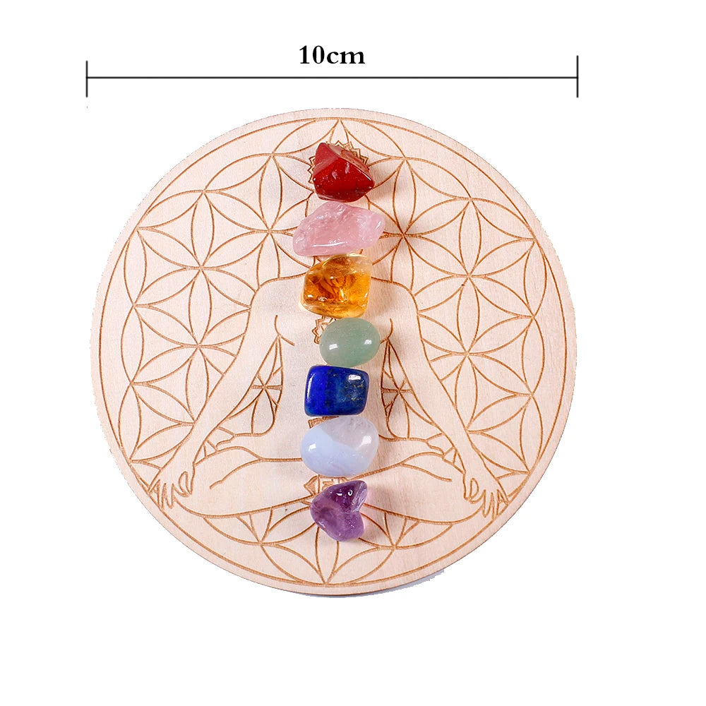 7 Chakra Healing Crystal Set – Tumbled Stones & Flower of Life Wood Base