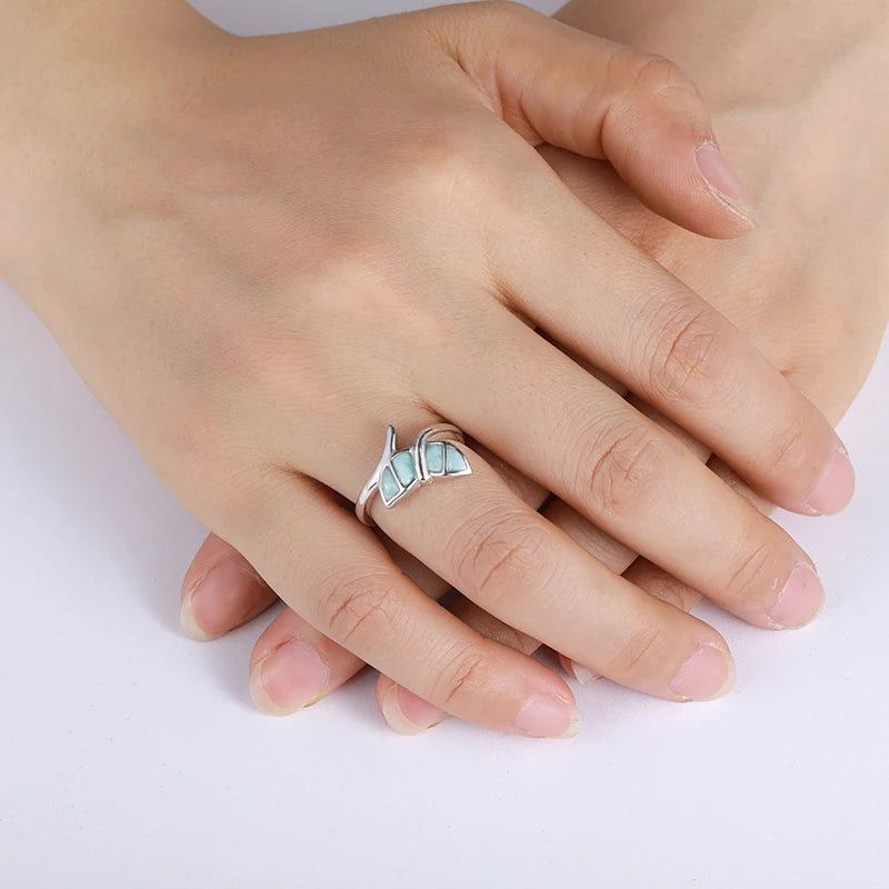 Larimar Leaf Cluster Open Ring in 925 Sterling Silver