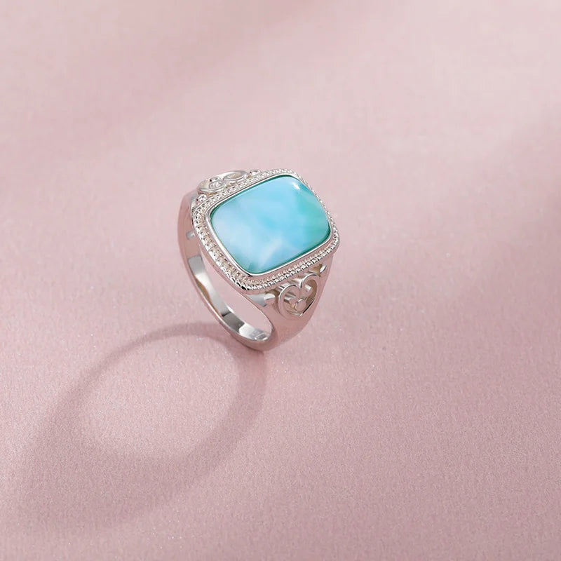 Larimar Cushion Cut Ring, Ornate Silver Frame
