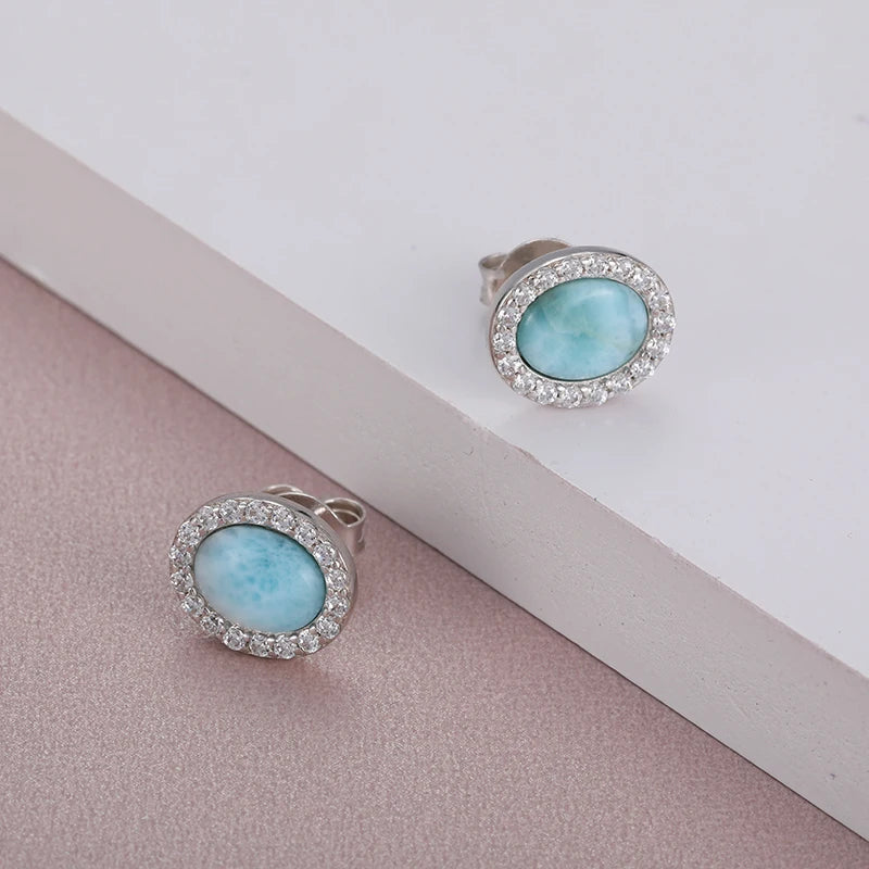Larimar Oval Halo Stud Earrings, 925 Sterling Silver