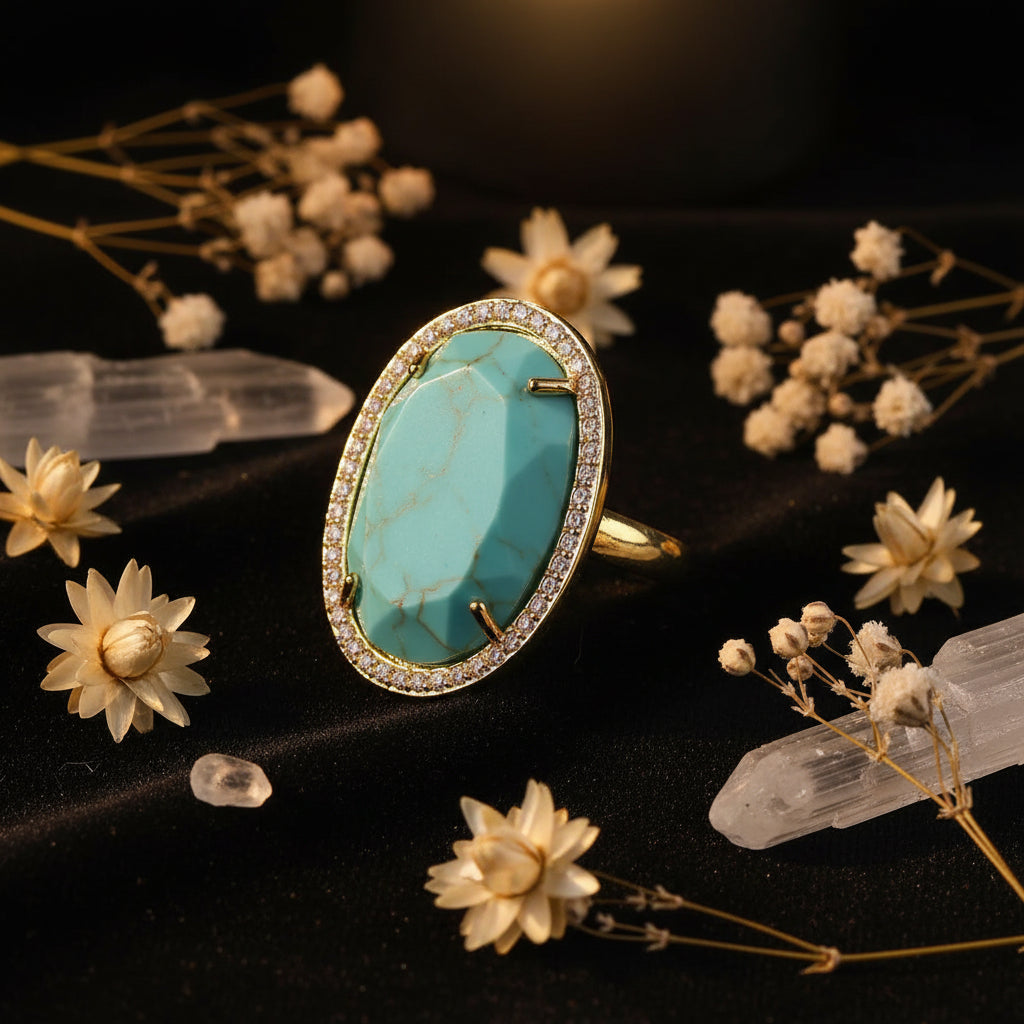 Natural Gemstone Oval Cocktail Ring — Gold Plated, Adjustable | Crystal Healing Jewelry
