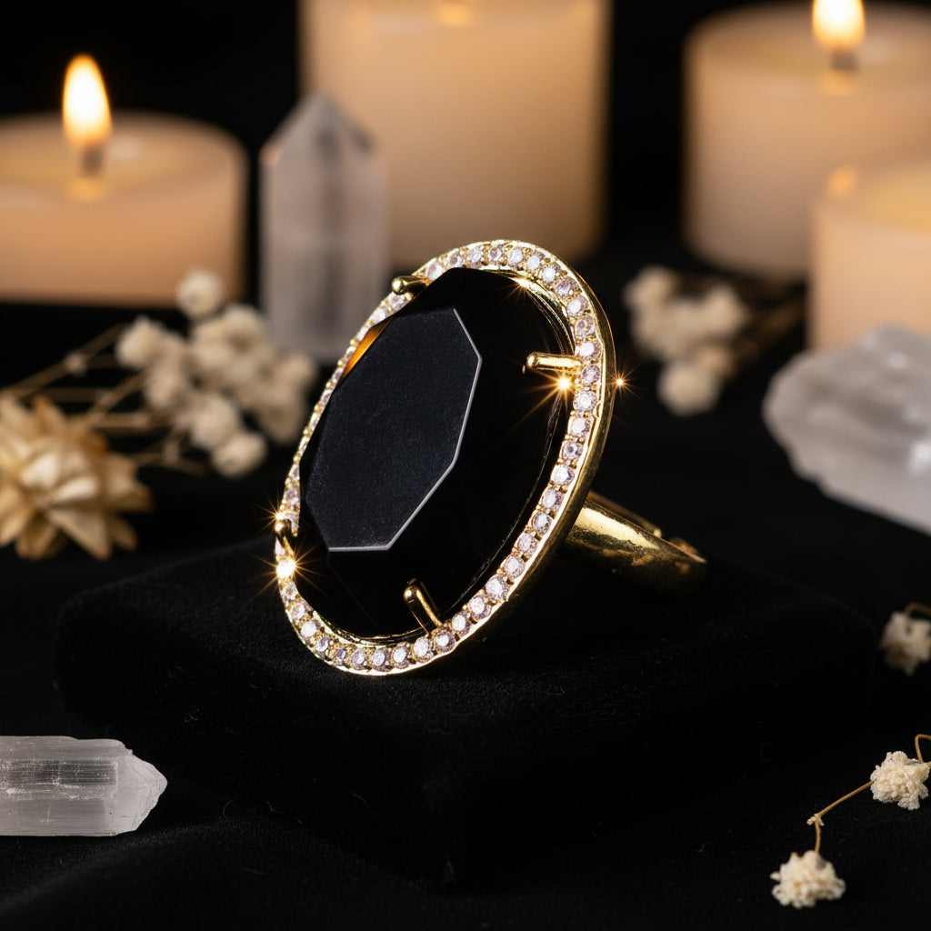 Natural Gemstone Oval Cocktail Ring — Gold Plated, Adjustable | Crystal Healing Jewelry
