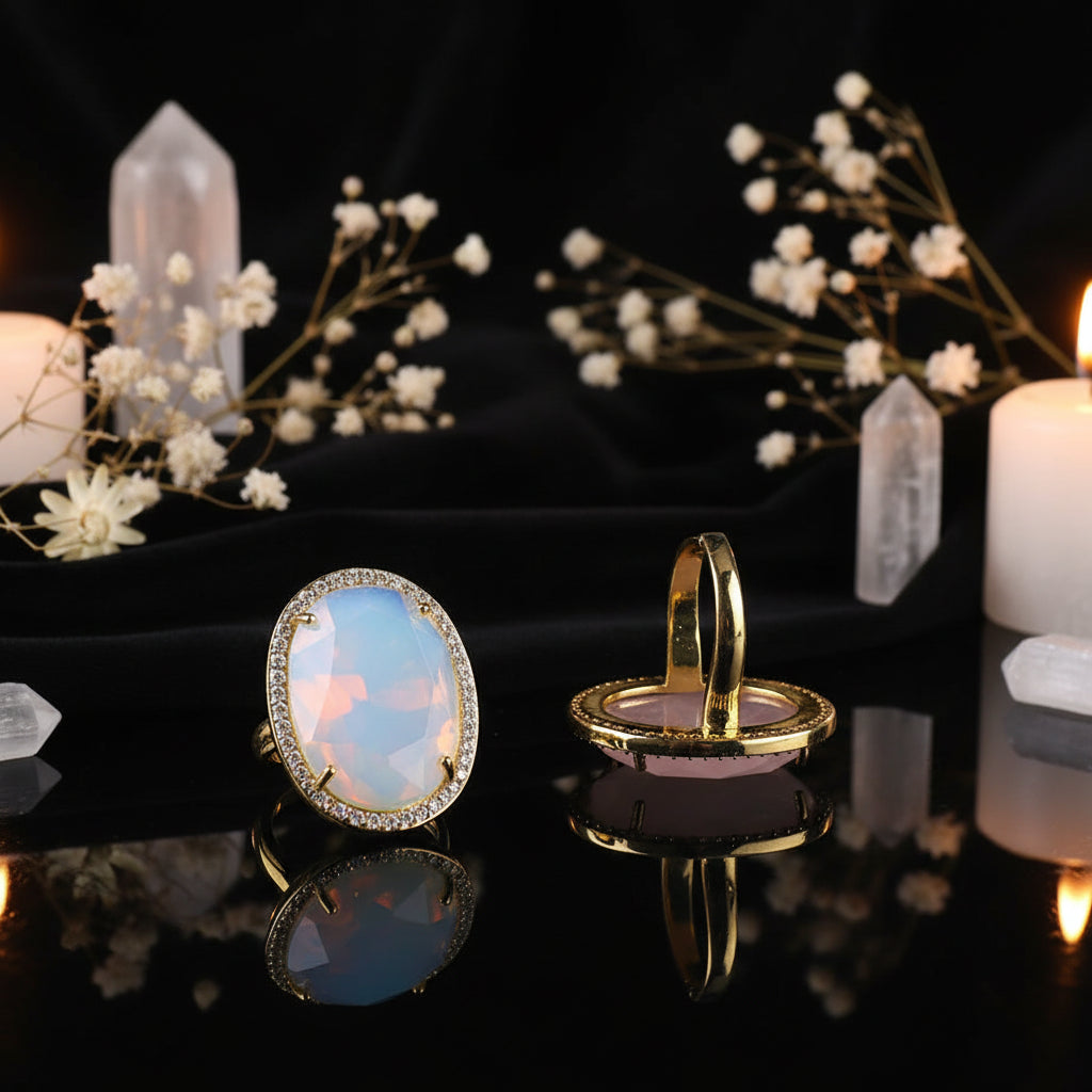 Natural Gemstone Oval Cocktail Ring — Gold Plated, Adjustable | Crystal Healing Jewelry