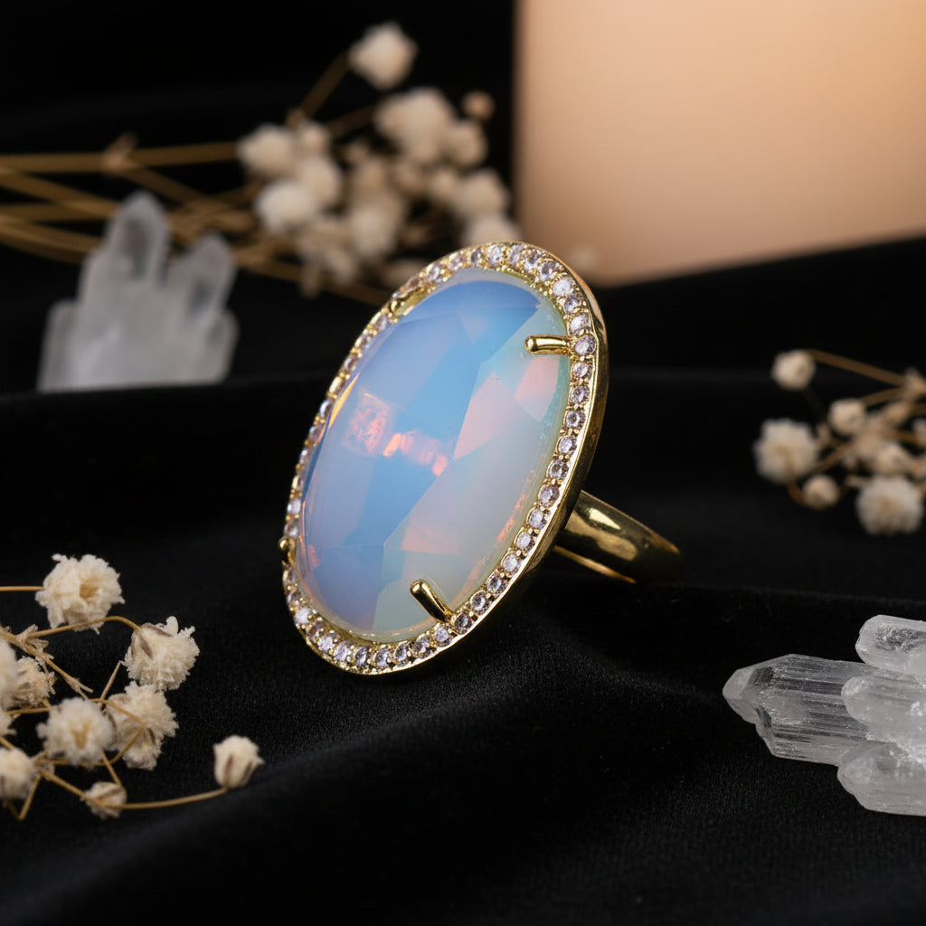 Natural Gemstone Oval Cocktail Ring — Gold Plated, Adjustable | Crystal Healing Jewelry