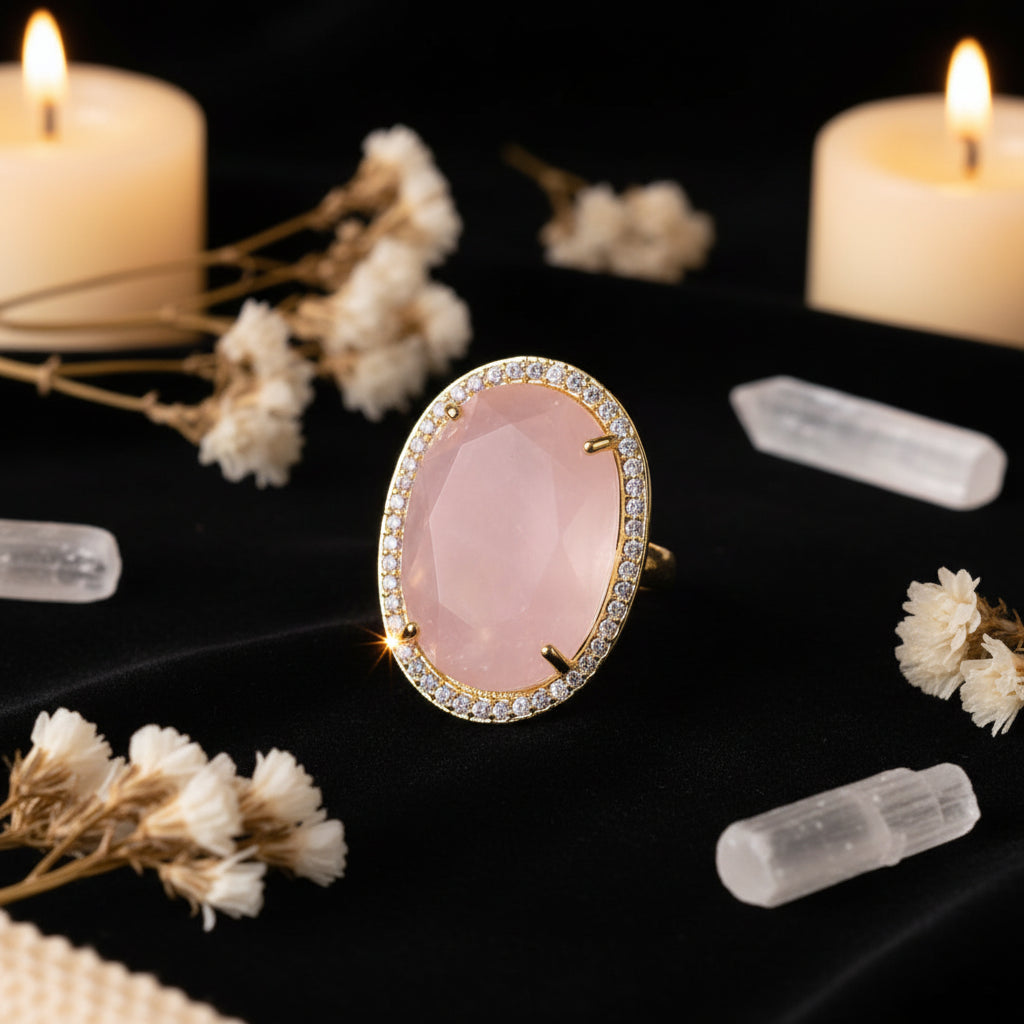 Natural Gemstone Oval Cocktail Ring — Gold Plated, Adjustable | Crystal Healing Jewelry