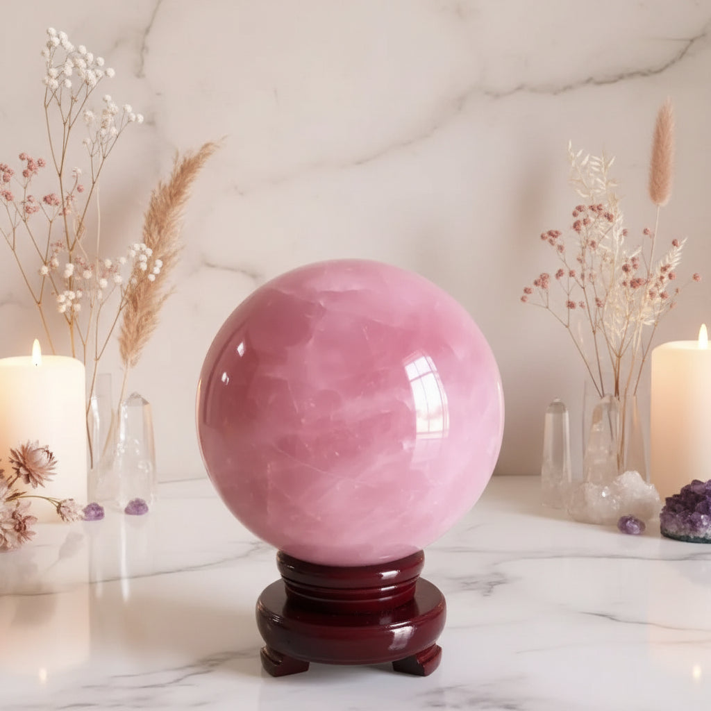 Natural Pink Rose Quartz Crystal Healing Ball Sphere + Stand