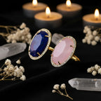 Natural Gemstone Oval Cocktail Ring — Gold Plated, Adjustable | Crystal Healing Jewelry