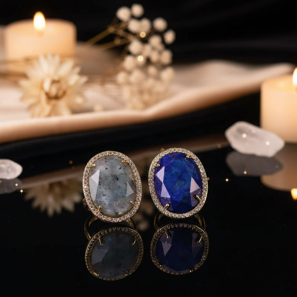 Natural Gemstone Oval Cocktail Ring — Gold Plated, Adjustable | Crystal Healing Jewelry