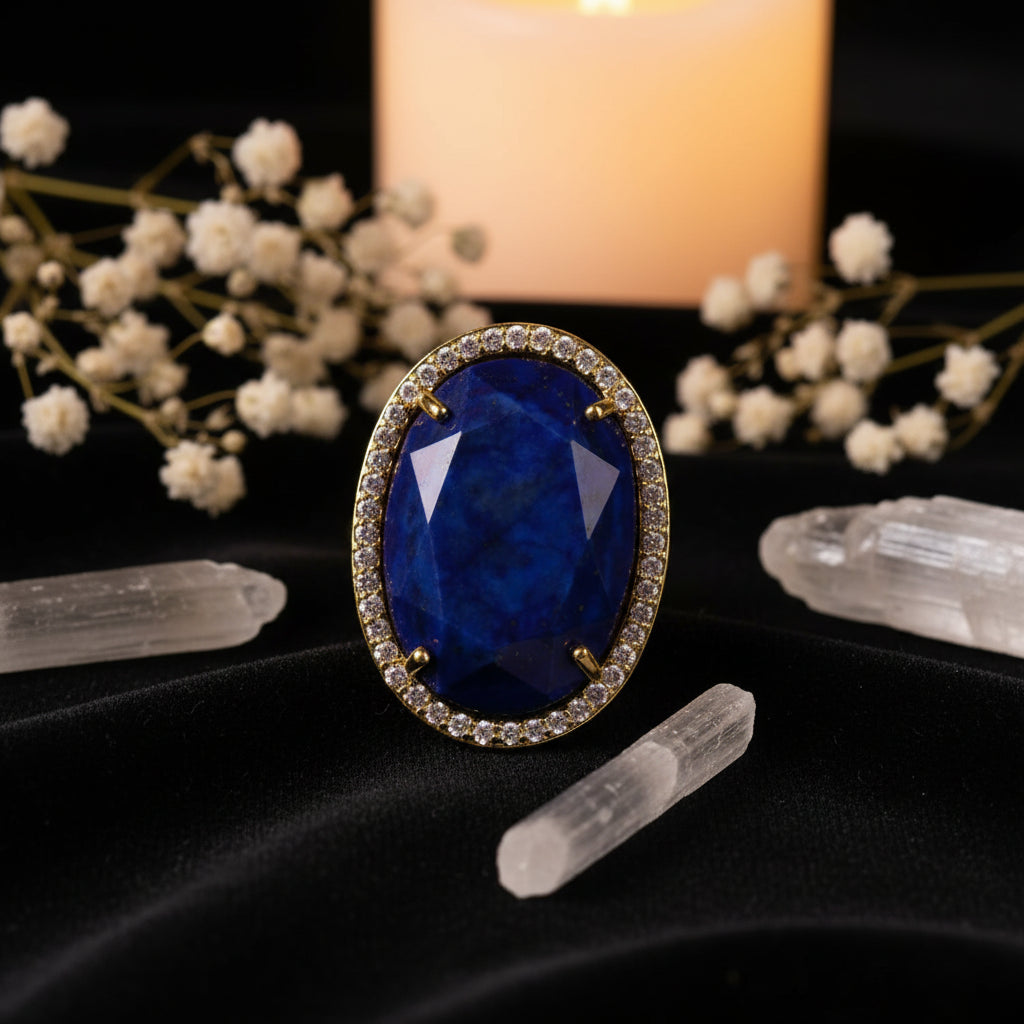 Natural Gemstone Oval Cocktail Ring — Gold Plated, Adjustable | Crystal Healing Jewelry