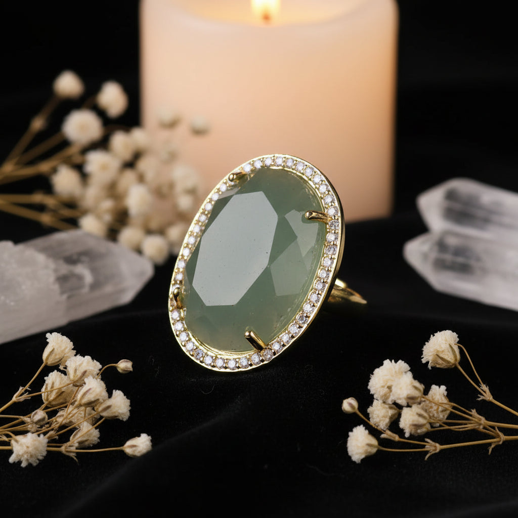 Natural Gemstone Oval Cocktail Ring — Gold Plated, Adjustable | Crystal Healing Jewelry