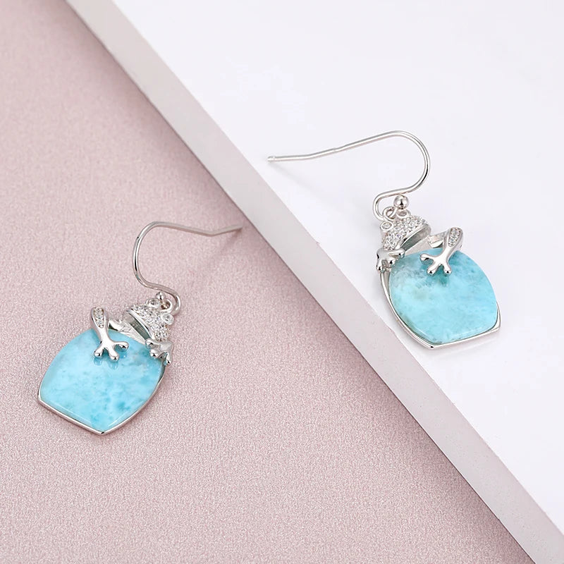 Larimar Barrel Drop Earrings, Lizard Charm