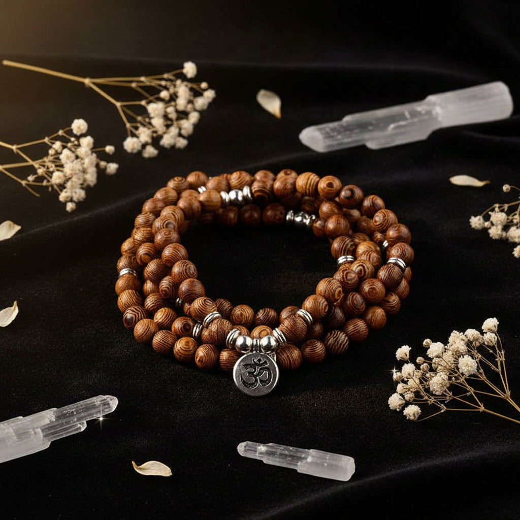 Wood Bead Buddha Om Lotus Charm Bracelet | Tibetan Mala Yoga Bracelet