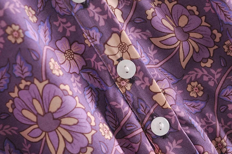 Purple Floral Boho Puff-Sleeve Mini Dress
