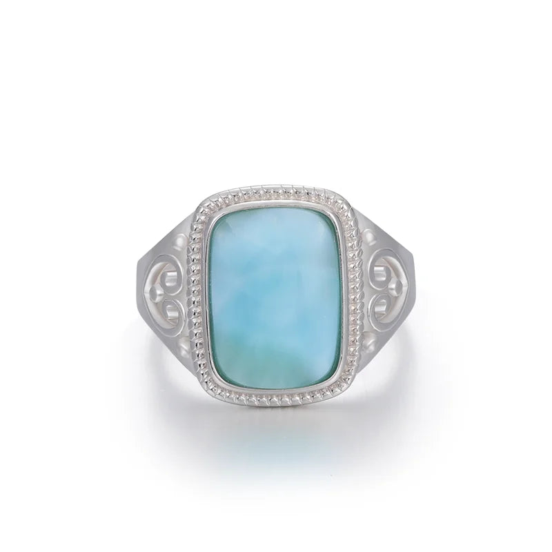 Larimar Cushion Cut Ring, Ornate Silver Frame