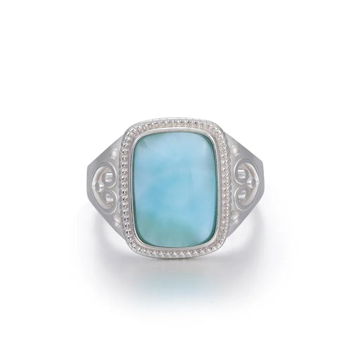 Larimar Cushion Cut Ring, Ornate Silver Frame
