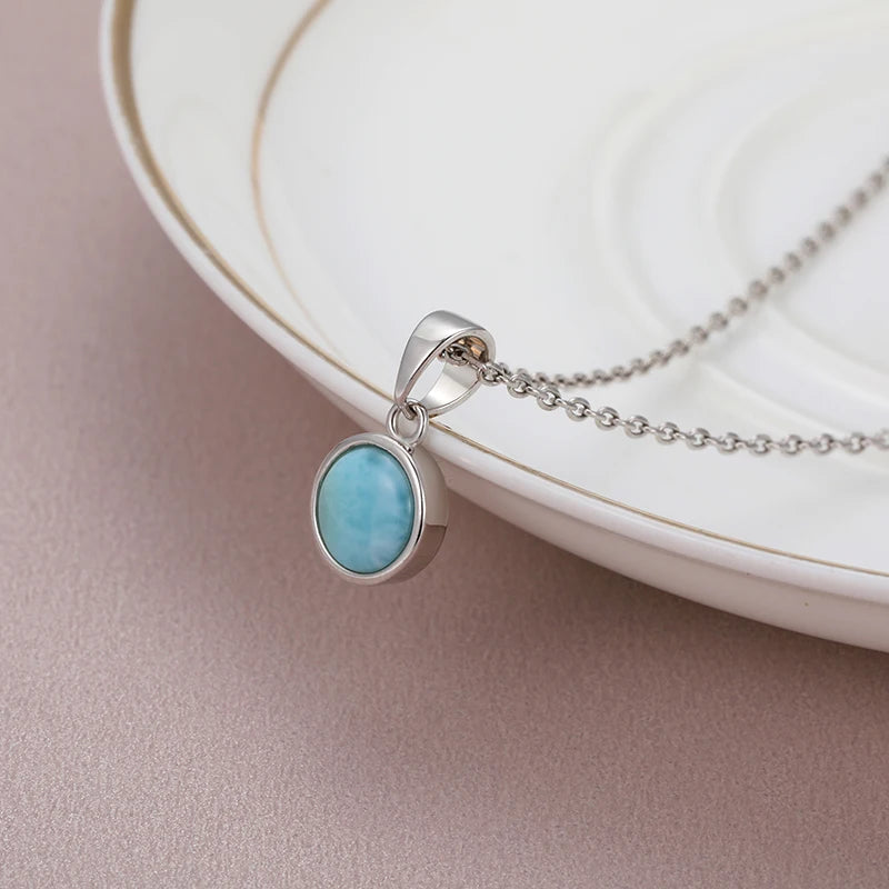 Larimar Round Bezel Stud Earrings, 925 Sterling Silver