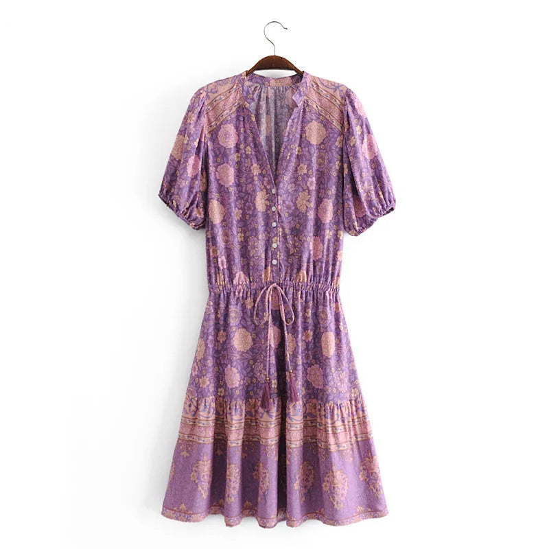 Purple Floral Boho Puff-Sleeve Mini Dress