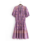 Purple Floral Boho Puff-Sleeve Mini Dress