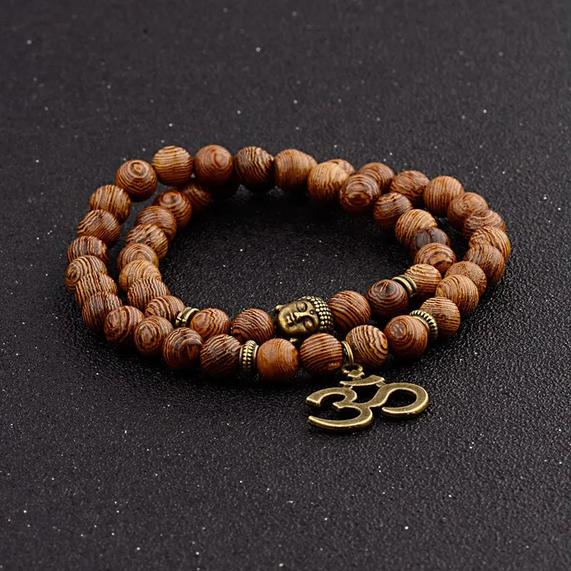 Wood Bead Buddha Om Lotus Charm Bracelet | Tibetan Mala Yoga Bracelet