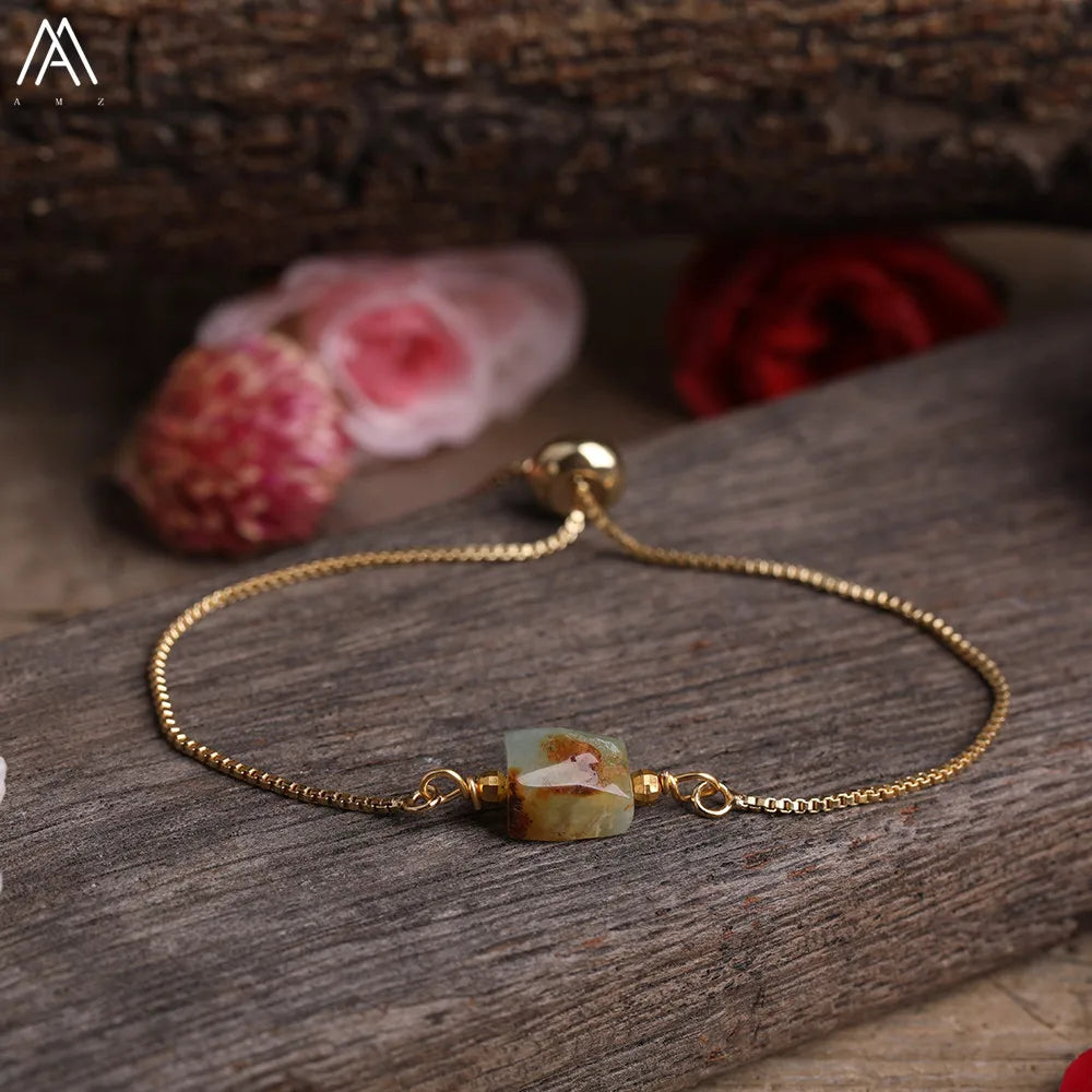 Natural Gemstone Single-Bead Bracelet – Gold-Plated Crystal Jewelry for Women