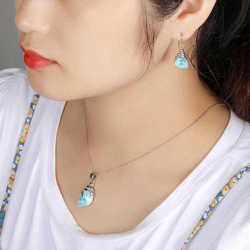 Larimar Wire Wrapped Drop Earrings in 925 Sterling Silver