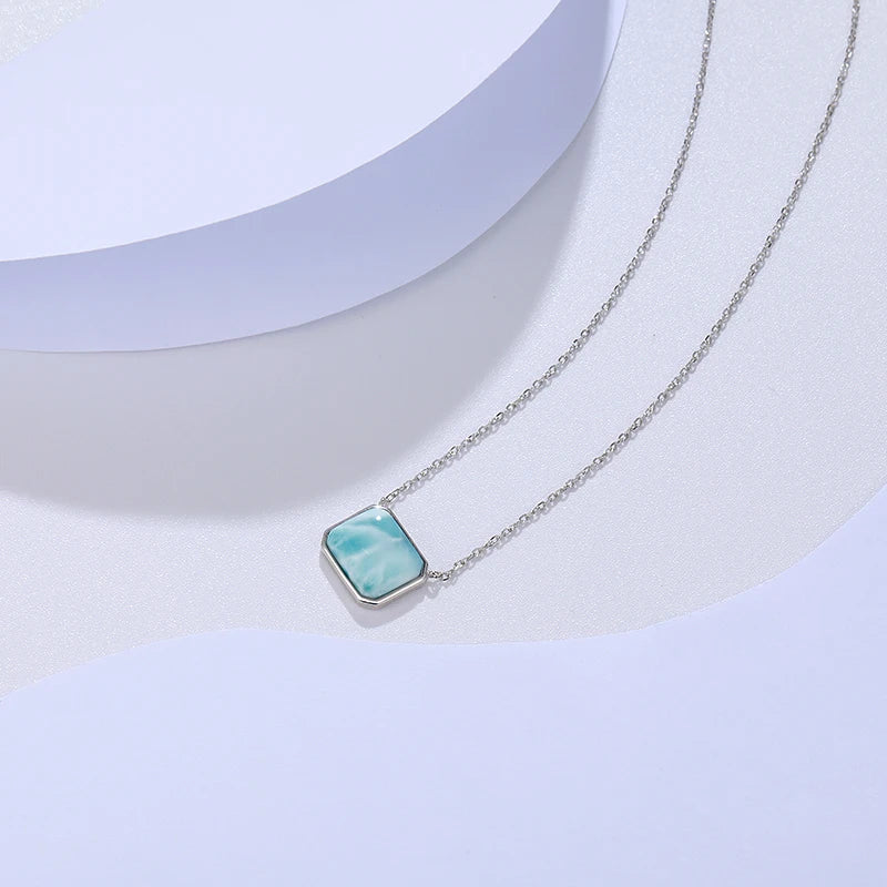 Larimar Rectangle Pendant Necklace in 925 Sterling Silver
