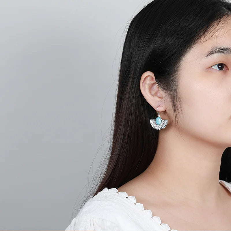 Larimar Hammered Fan Drop Earrings in 925 Sterling Silver