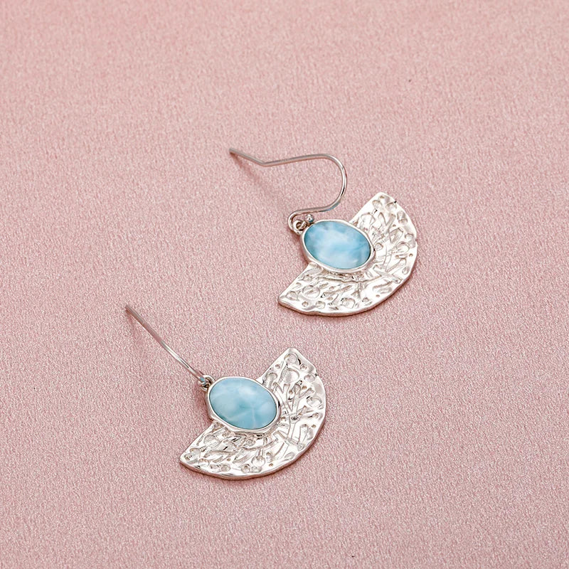 Larimar Hammered Fan Drop Earrings in 925 Sterling Silver