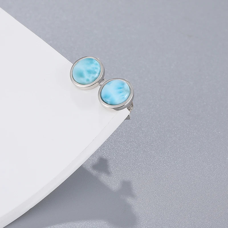 Larimar Round Stud Earrings in 925 Sterling Silver