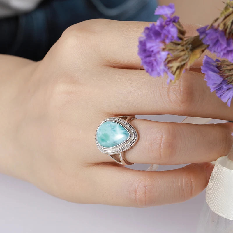 Larimar Teardrop Ring, Open Silver Band