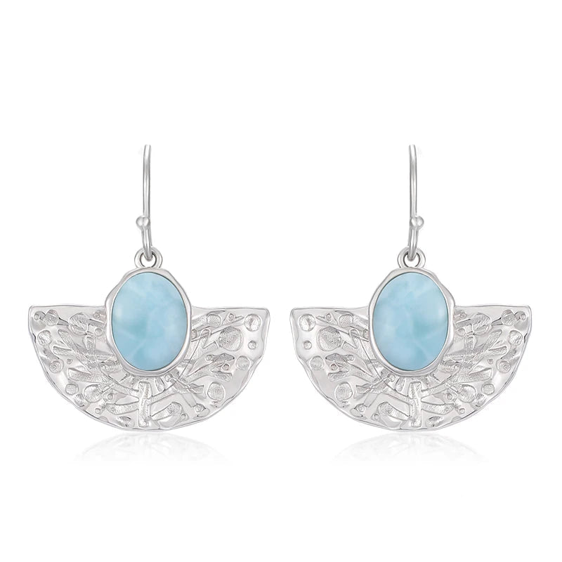 Larimar Hammered Fan Drop Earrings in 925 Sterling Silver