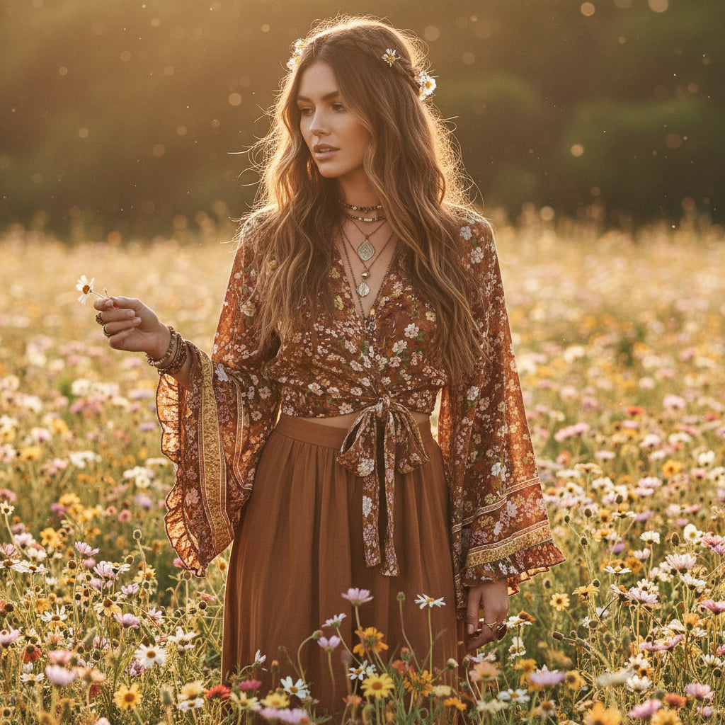 Floral Flare-Sleeve Boho Kimono Cardigan